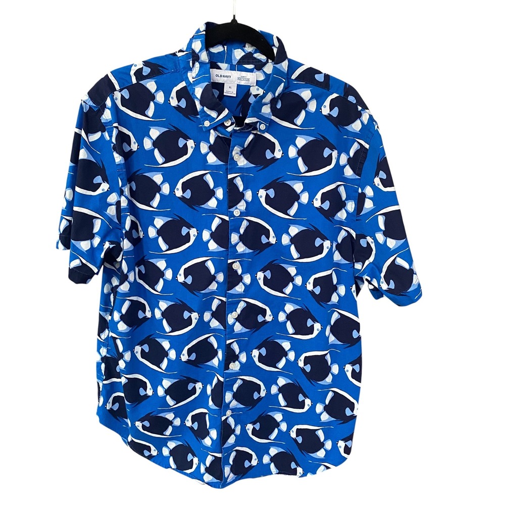 Old Navy Mens XL Slim Fit Built-In Flex Short Sleeve Button Up Blue Fish Shirt